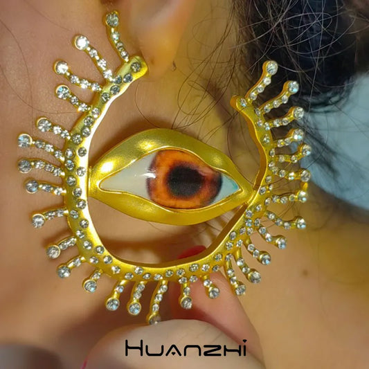 Asymmetric Alien Pupil Zircon Exaggerate Irregular Circular Blue Eye Metal Big Hoop Earring for Women  Retro Unique Jewelry
