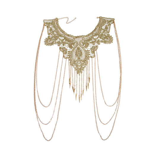 Body chain jewelry with gold lace and multi-layer tassel necklace body chain
