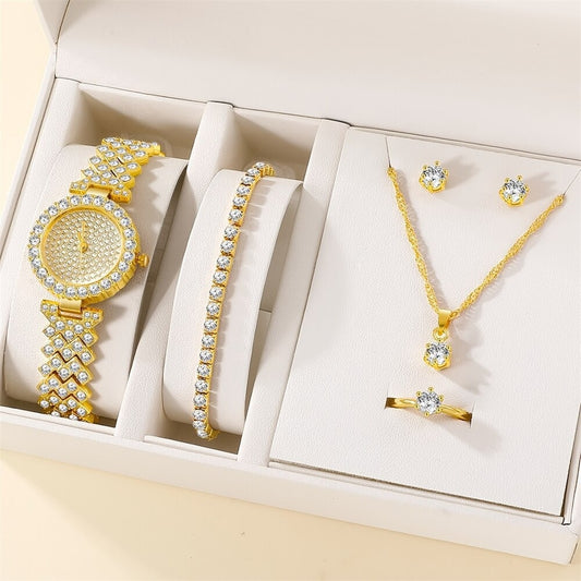 5pcs set fashionable diamond inlaid women's watch bracelet necklace ring earrings 5-piece gift box watch set